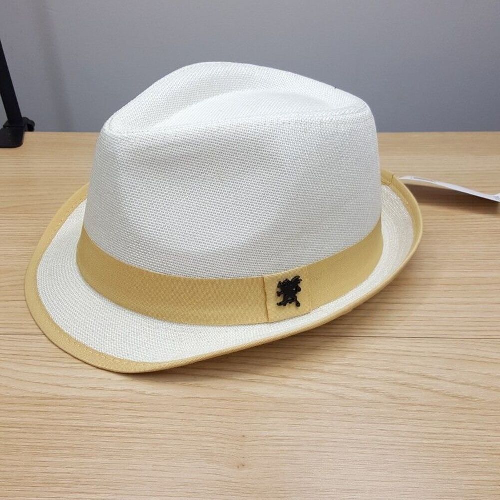 STACY ADAMS Straw Fedora Mens Medium White Tan Band Diamond Crown